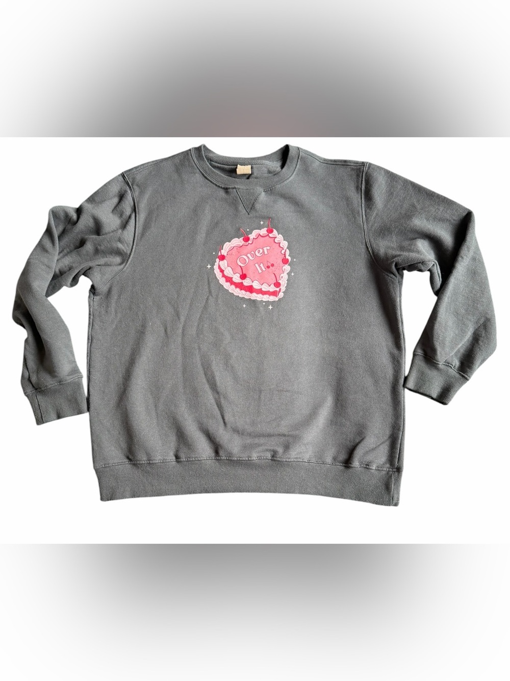 🌟Messy Bun Just Chillin Graffic Heart Cake🍰 “Over It”🍒 Crewneck Sweatshirt